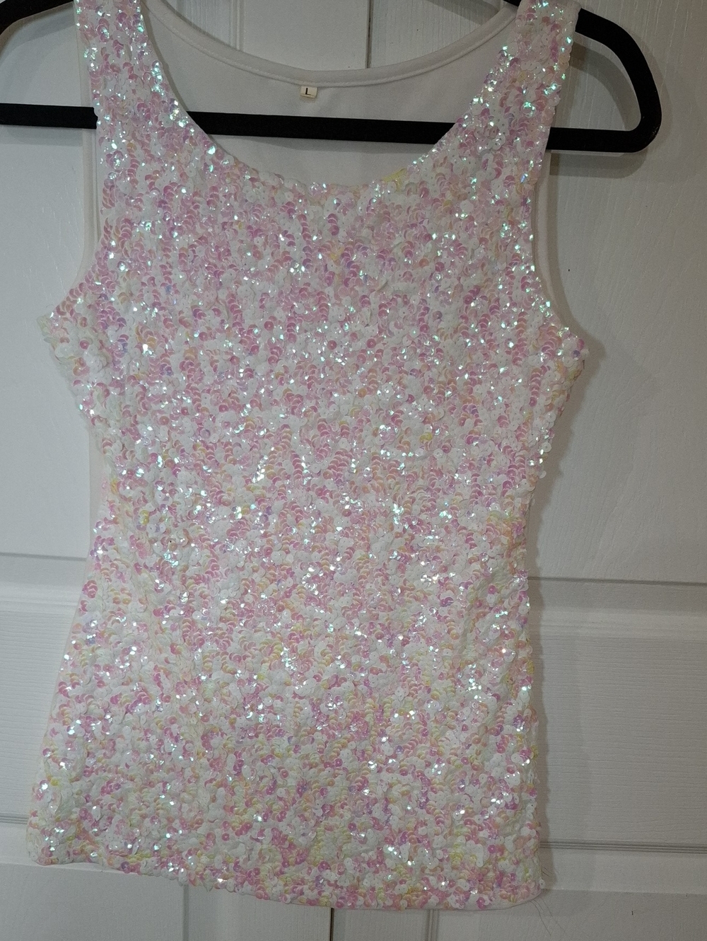 Sequin Scoop Neck Tank Top - Pink/White